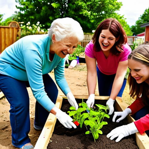 Home 22 A group of residents planting flowers together in a community garden on a sunny day, fostering a sense of community. Focus on vibrant colors and happy expressions.