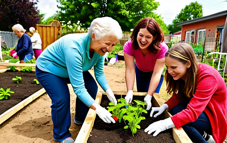 A group of residents planting flowers together in a community garden on a sunny day, fostering a sense of community. Focus on vibrant colors and happy expressions.