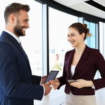**

Modern property manager using a tablet with a CRM system in a bright, contemporary office. Smiling and shaking hands with a satisfied client in the background. Emphasize professionalism and technology.

**