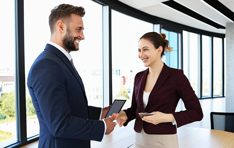 **
Modern property manager using a tablet with a CRM system in a bright, contemporary office. Smiling and shaking hands with a satisfied client in the background. Emphasize professionalism and technology.
**
